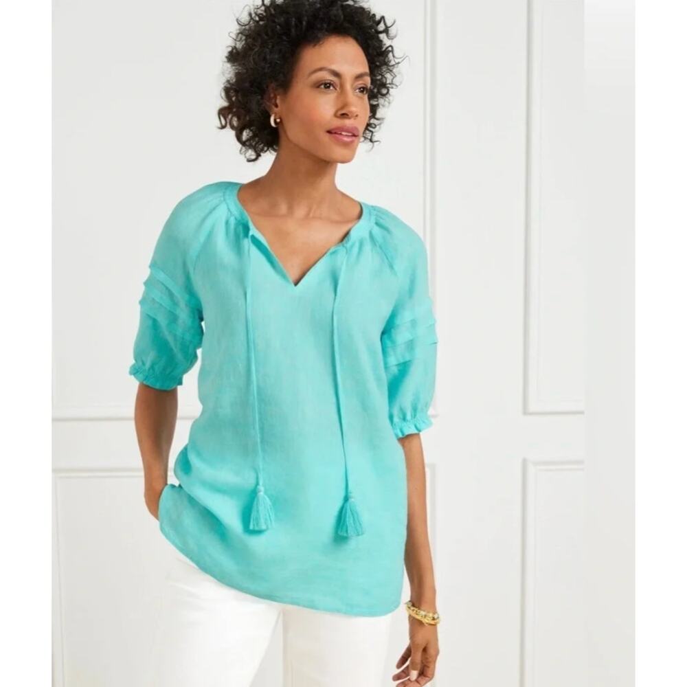 Talbots Blue Tassel Tie Neck Short Sleeve 100% Linen Blouse Size Large